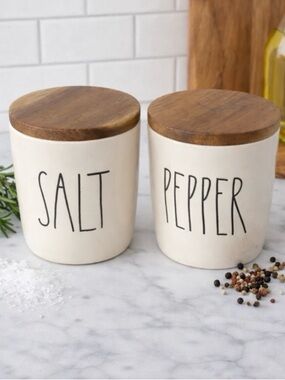 Rae Dunn Salt & Pepper Cellar Set Wood Lids Artisan Collection Magenta Farmhouse